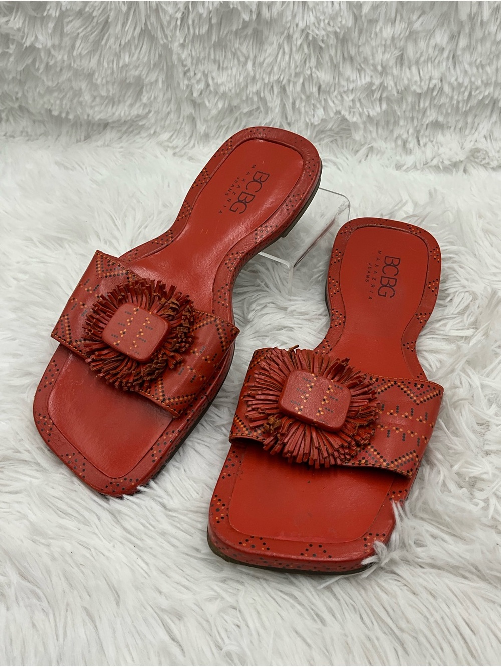 BCBG Max Azria Jeans Sandals Size 5.5 Orange Leather Fringe Slide Square Toe